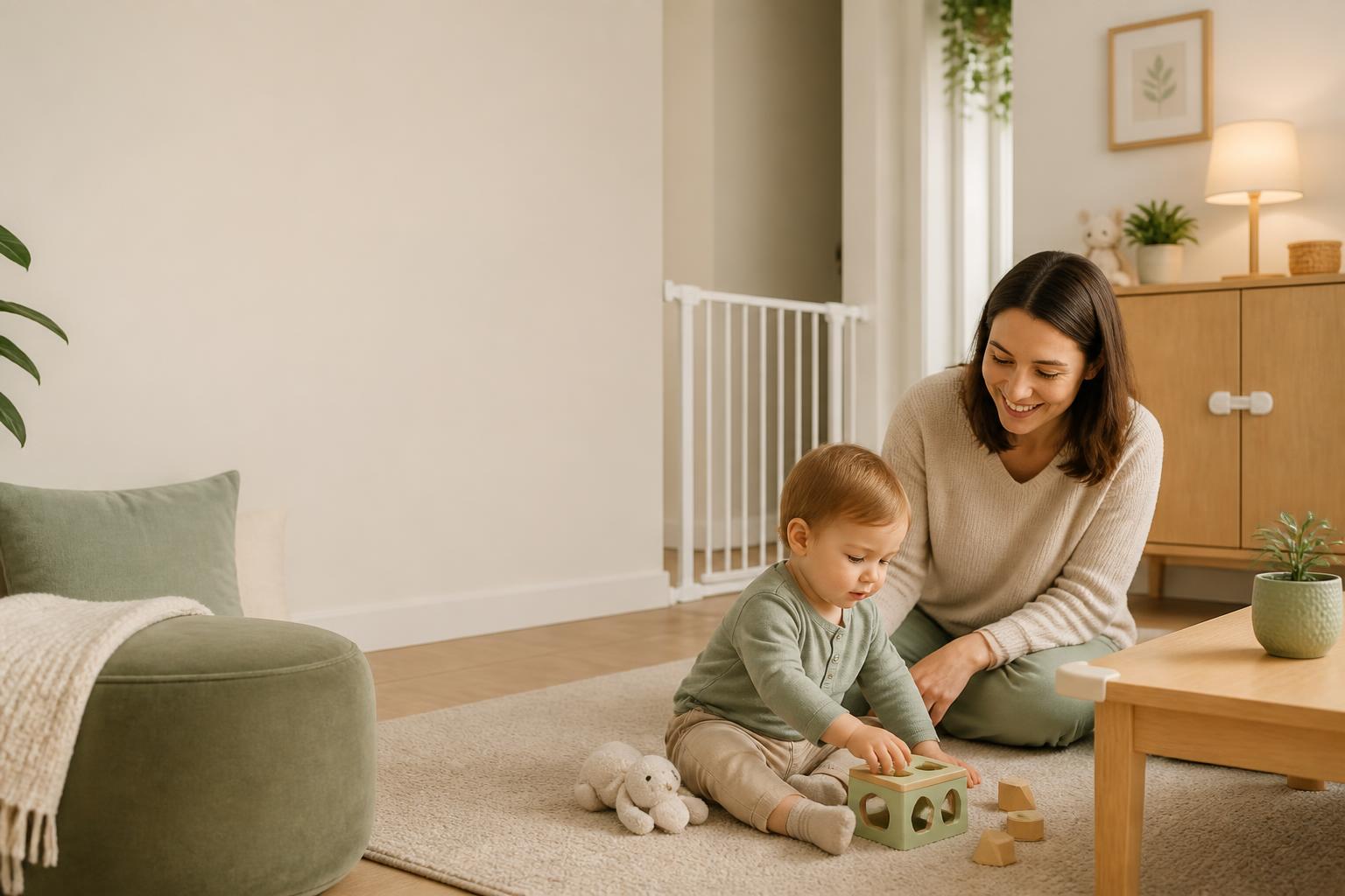 Parent and toddler playing safely in a childproofed living room